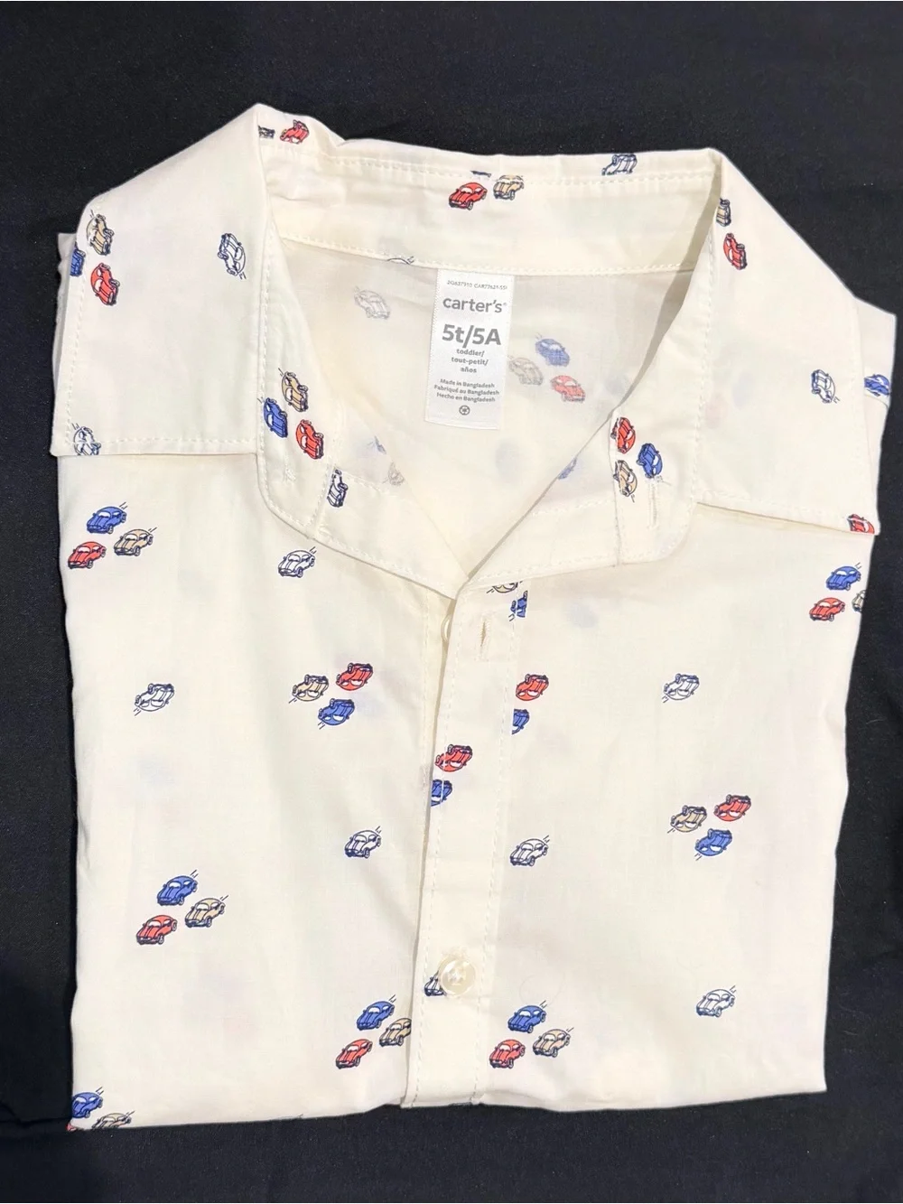 Carter's White Short-Sleeve Button-Down Shirt with Red, Blue, Tan Car Print